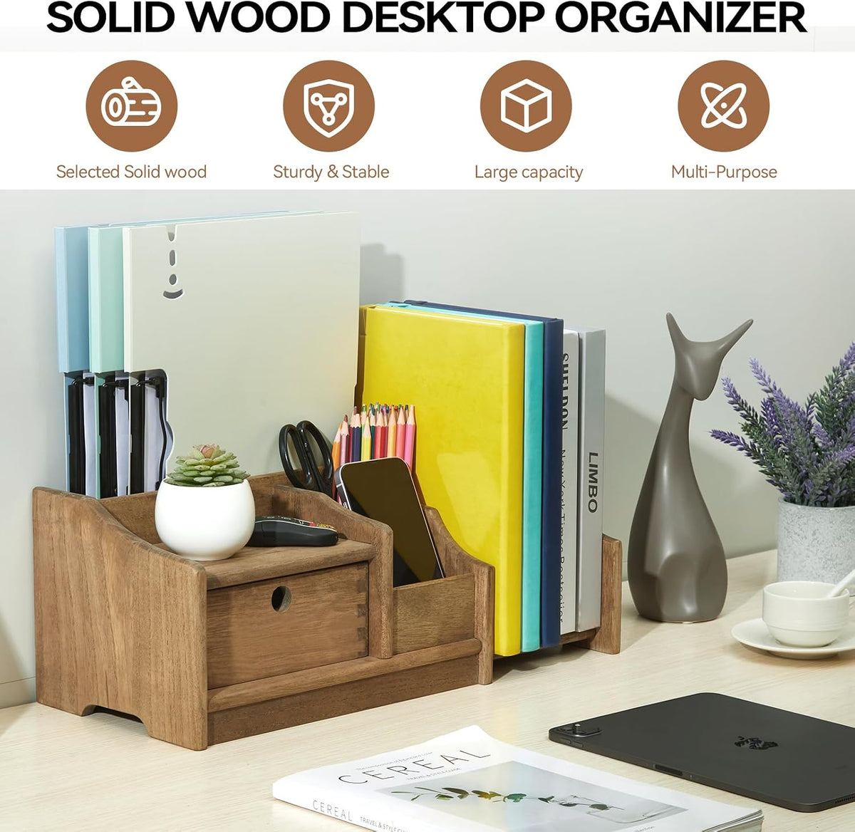 KIRIGEN Wood Desktop Bookshelf with Drawer, Expandable Desk Shelf, Brown