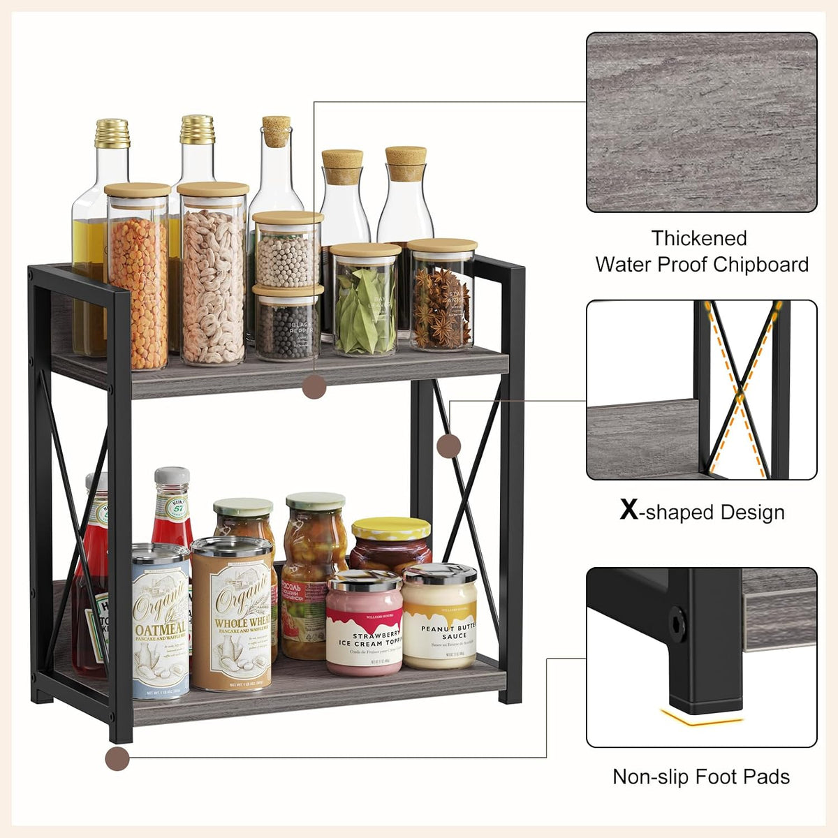 Giikin Coffee Bar Accessories, 2 Tier Spice Rack for Counter, Gray Kitchen Co...