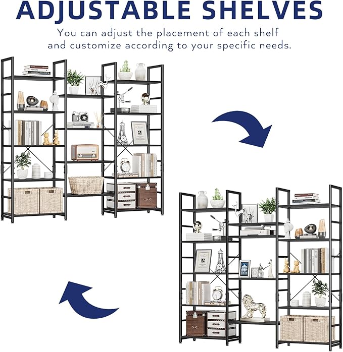 NUMENN Triple Wide 5 Tier Bookshelf, Rustic Industrial Style Bookcases and - Image 4