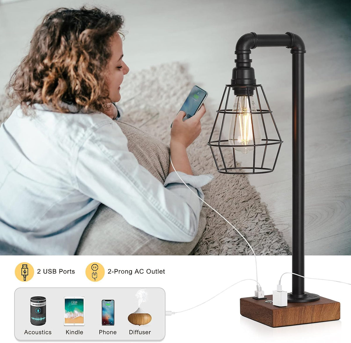 Industrial Touch Control Table Lamp with Metal Cage Shade, Desk Lamps