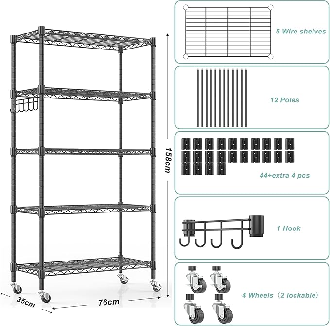 Himimi 5-Tier Storage Shelf Wire Shelving Unit on Wheels Heavy Duty Metal - Image 3
