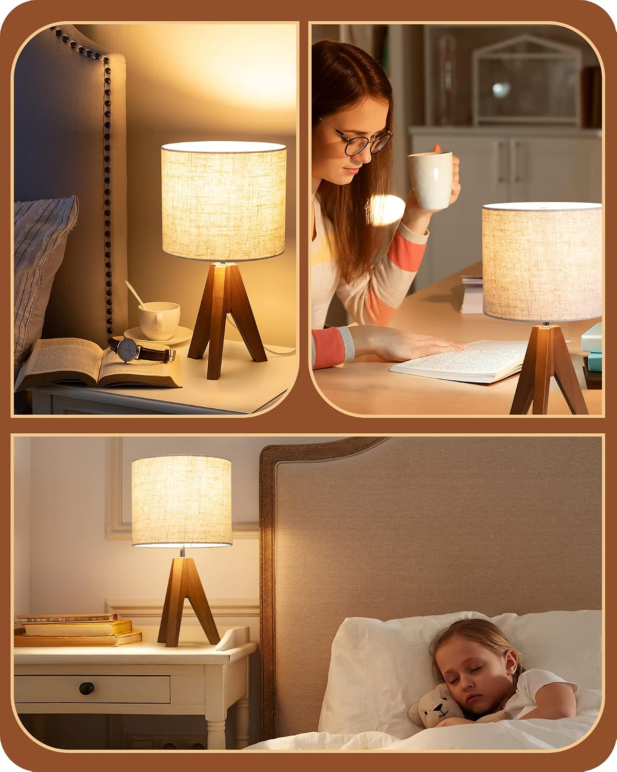 EDISHINE Small Table Lamp, Wooden Tripod Nightstand Lamp, 14.2", 2 Pack