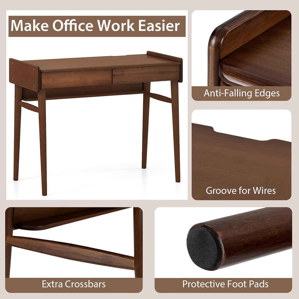 Tangkula Bamboo Mid Century Desk with 2 Storage Drawers, Home Office Study Writing Desk with Shelf & Cable Management Groove, Home Office Desk for Working & Learning (Brown)