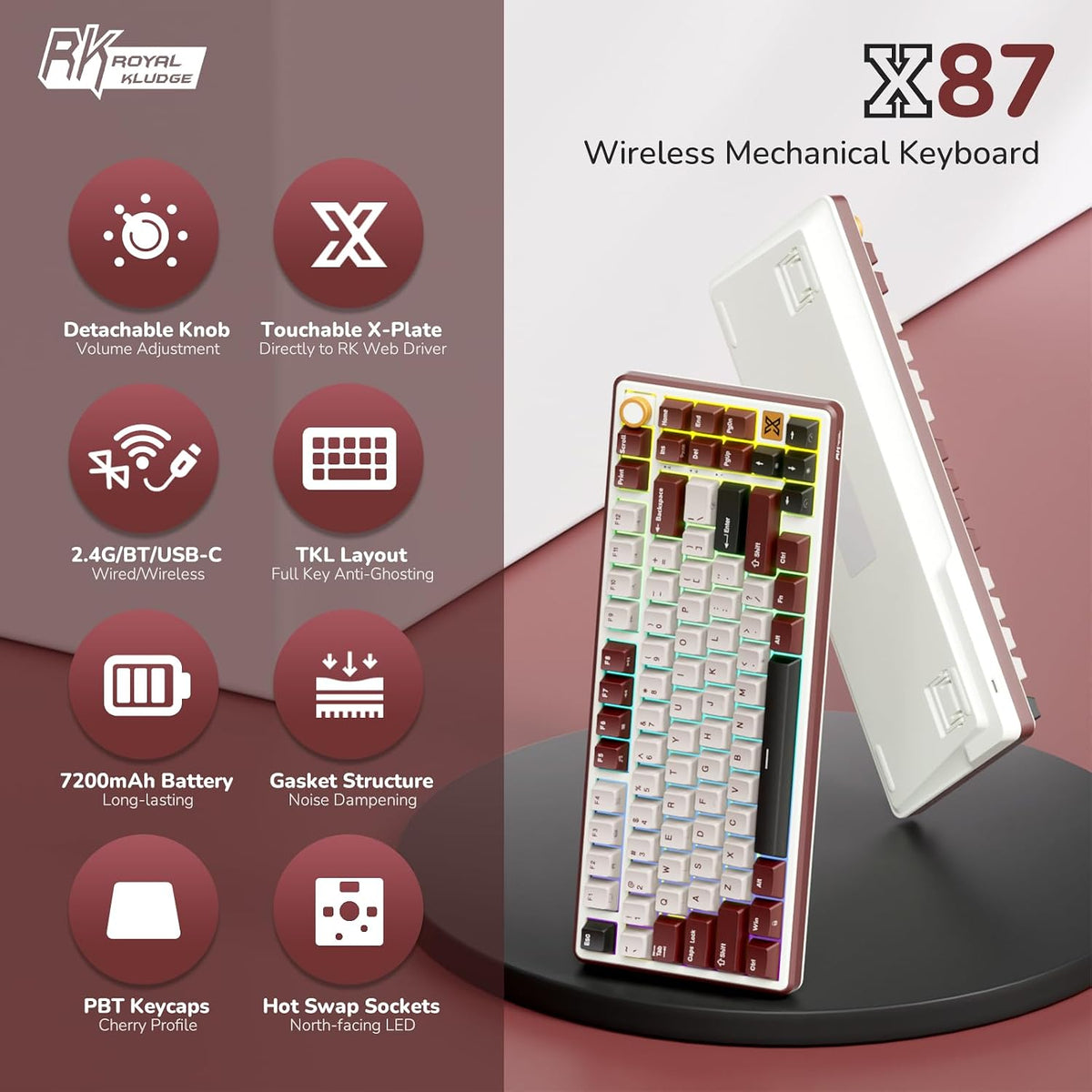 RK ROYAL KLUDGE X87 Wireless Keyboard, 75% TKL Keyboard w/Detachable Knob