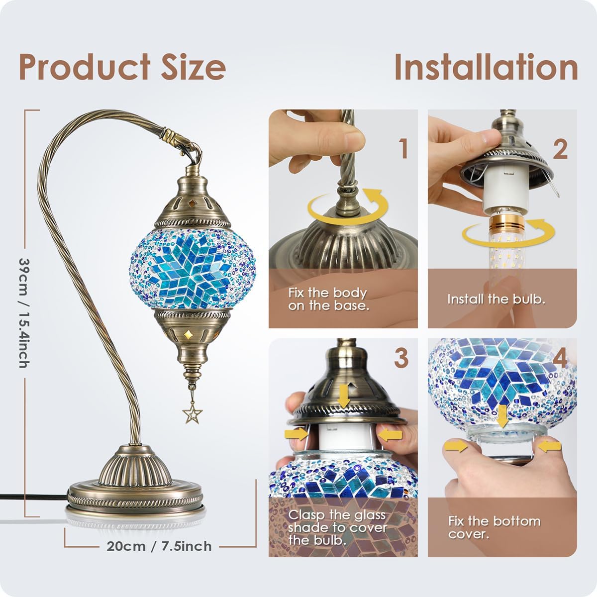 Yarra-Decor Turkish Moroccan Mosaic Glass Bedside Lamp (Blue2)