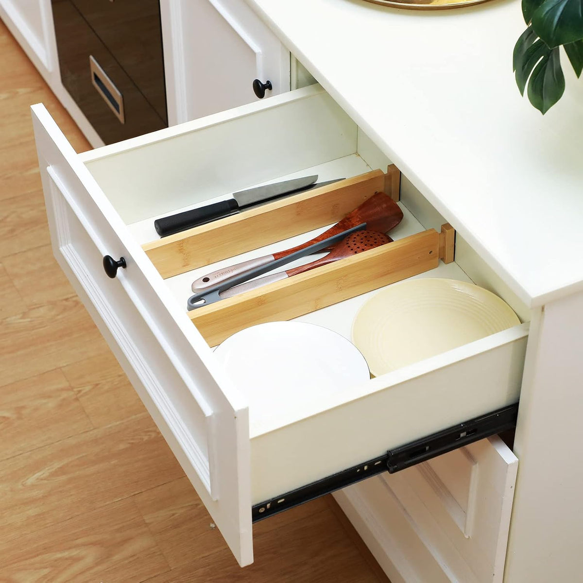 Sawysine 12 Pcs Bamboo Drawer Dividers Adjustable Drawer Organizers Spring Se...