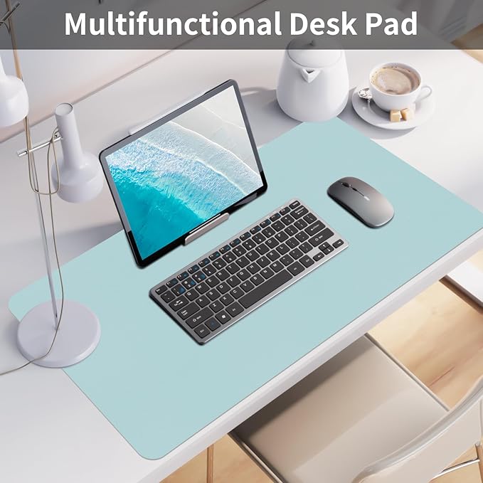Bloss Light Blue Desk Mat, Large Mouse Pad, Leather Desk Blotter, Waterproof - Image 3