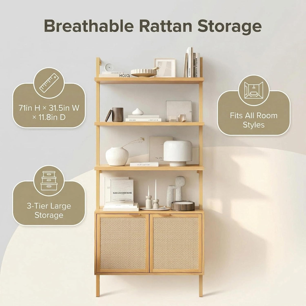 71in Rattan Ladder Bookshelf - 31.5in Wide Book Shelf with Storage, 6-Tier Bo...