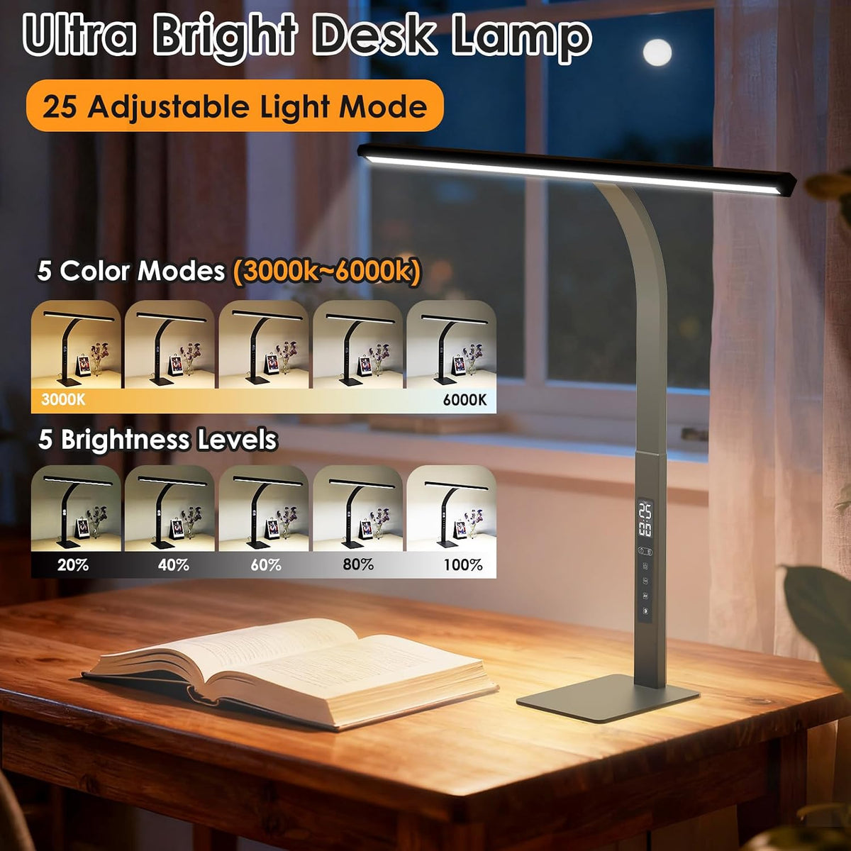 LED Desk Lamp for Office Home: Pomodoro Timer Table Light with Base 1600 Lume...