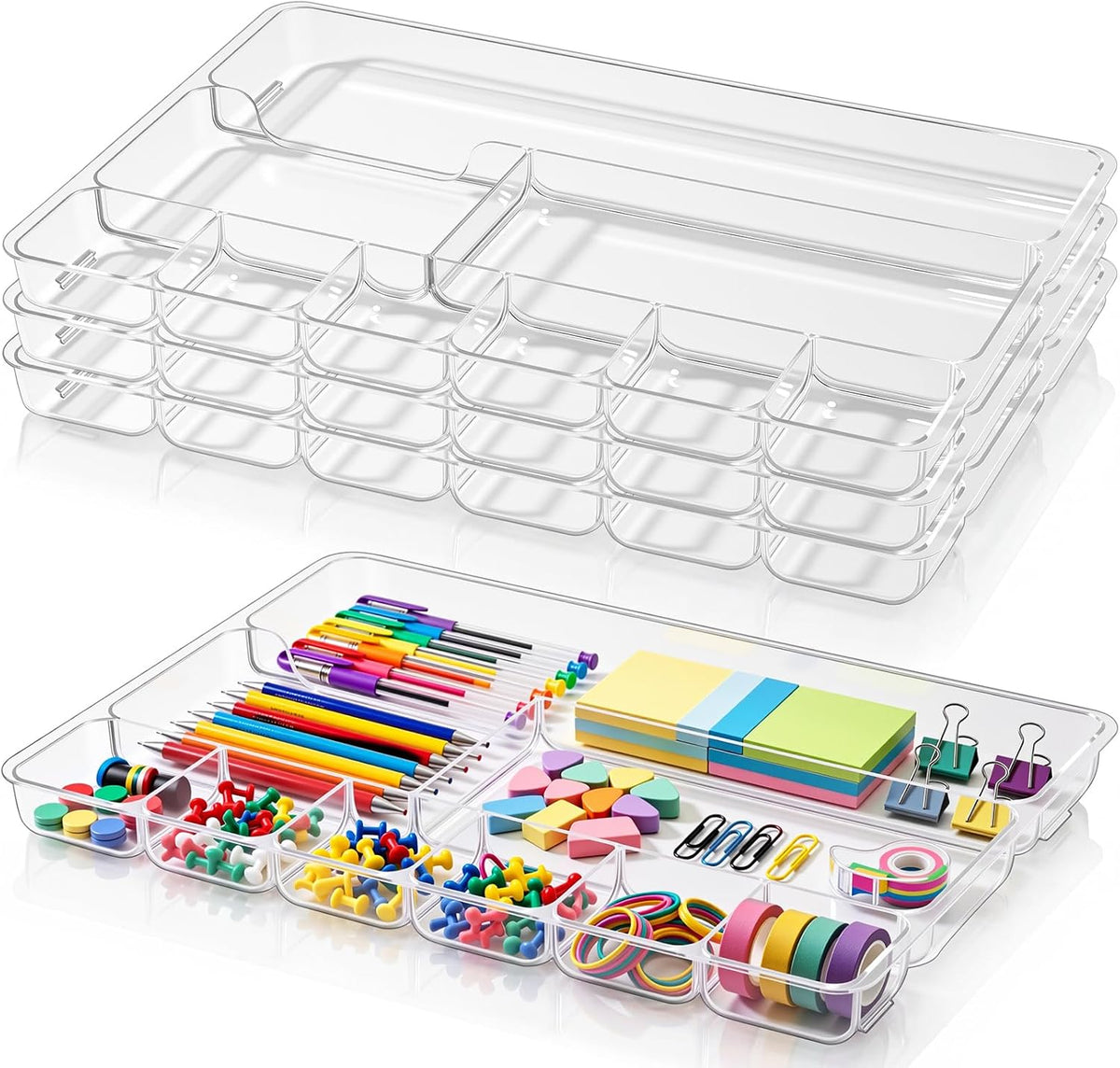 Junkin 4 Pcs Desk Drawer Organizer Tray 14" x 9" x 1",Clear