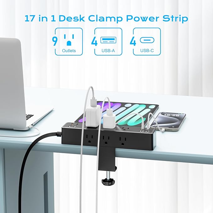 Flat Plug Desk Clamp Power Strip 10FT, 40W Total Fast Charging Station - Image 2