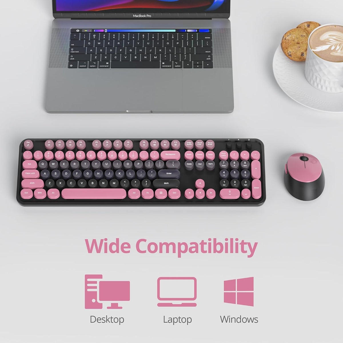 Guffercty kred Black and Pink Keyboard and Mouse Wireless, Retro Typewriter C...