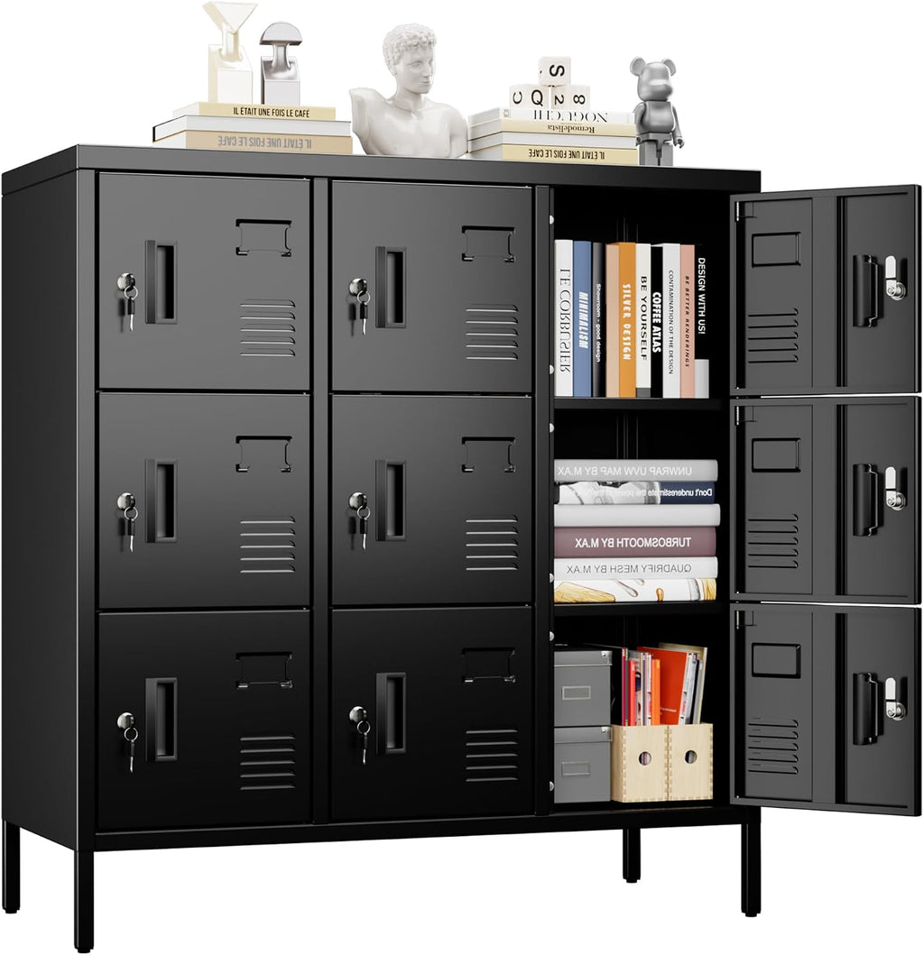 9-Door Metal Locker for Employees with Keyed Compartments | 15.79"D x 35.51"W x 37.8"H; 9 vented compartments with card slots, 18 keys and adjustable leveling feet.