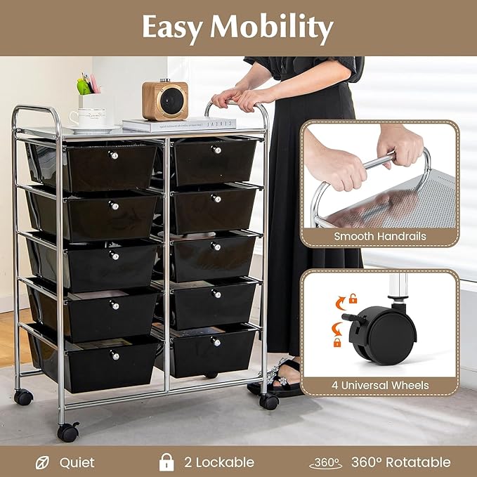 LDAILY 10 Drawer Rolling Cart, Storage Cart Organizer on Wheels, Drawer Cart - Image 4