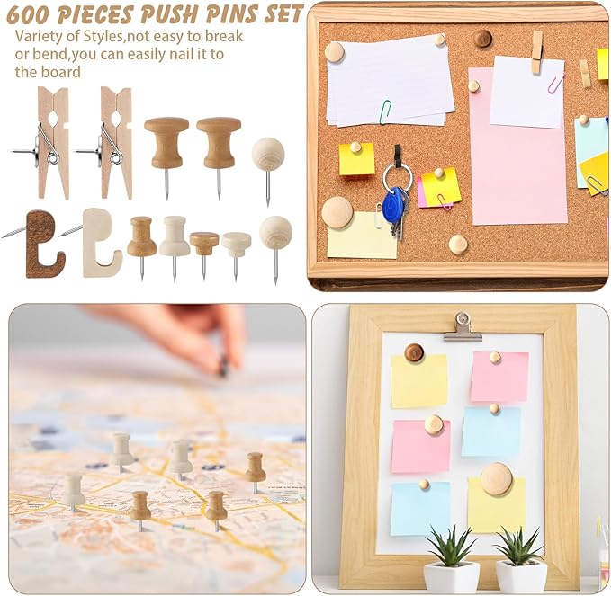 600 Pcs Decorative Push Pins, Wood Brown Thumb Tacks 6 Types Cute Push Pin Clips - Image 5
