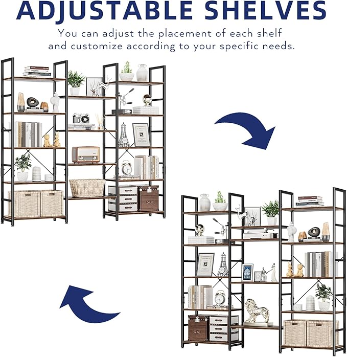 NUMENN Triple Wide 5 Tier Bookshelf, Rustic Industrial Style Bookcases - Image 4