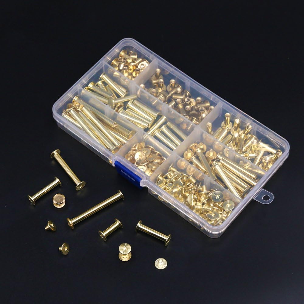 Hilitchi 120-Sets M5 x 5/10 / 15/25 / 35/45 Brass Plated Phillips Chicago Screw Posts Binding Screws Assortment Kit for Scrapbook Photo Albums Binding, Leather Repair - Gold