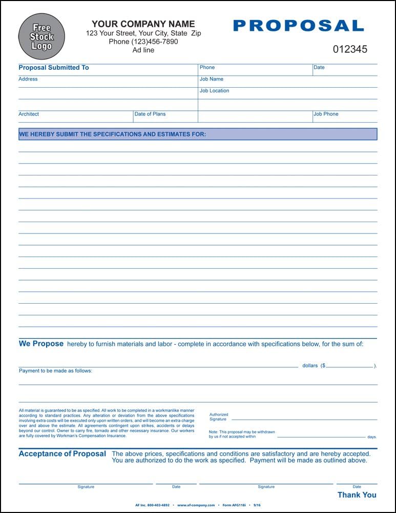 job/work proposal, 3 copy (triplicate), 8.5"x11" - personalized, main product view