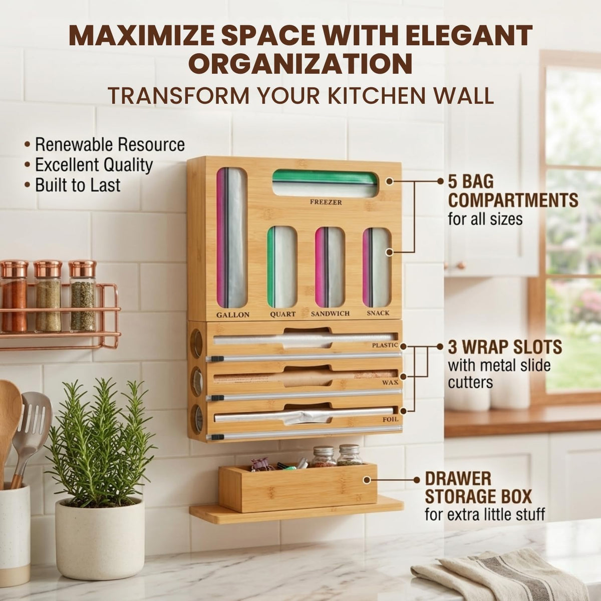 9 in 1 Storage Bag Organizer for Kitchen Drawer, Bamboo Foil and Plastic Wrap...