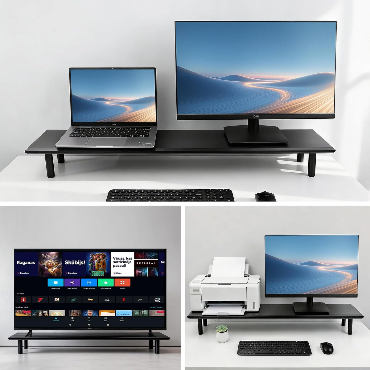 Bamboo Dual Monitor Stand Riser, Black Desk Shelf with Storage