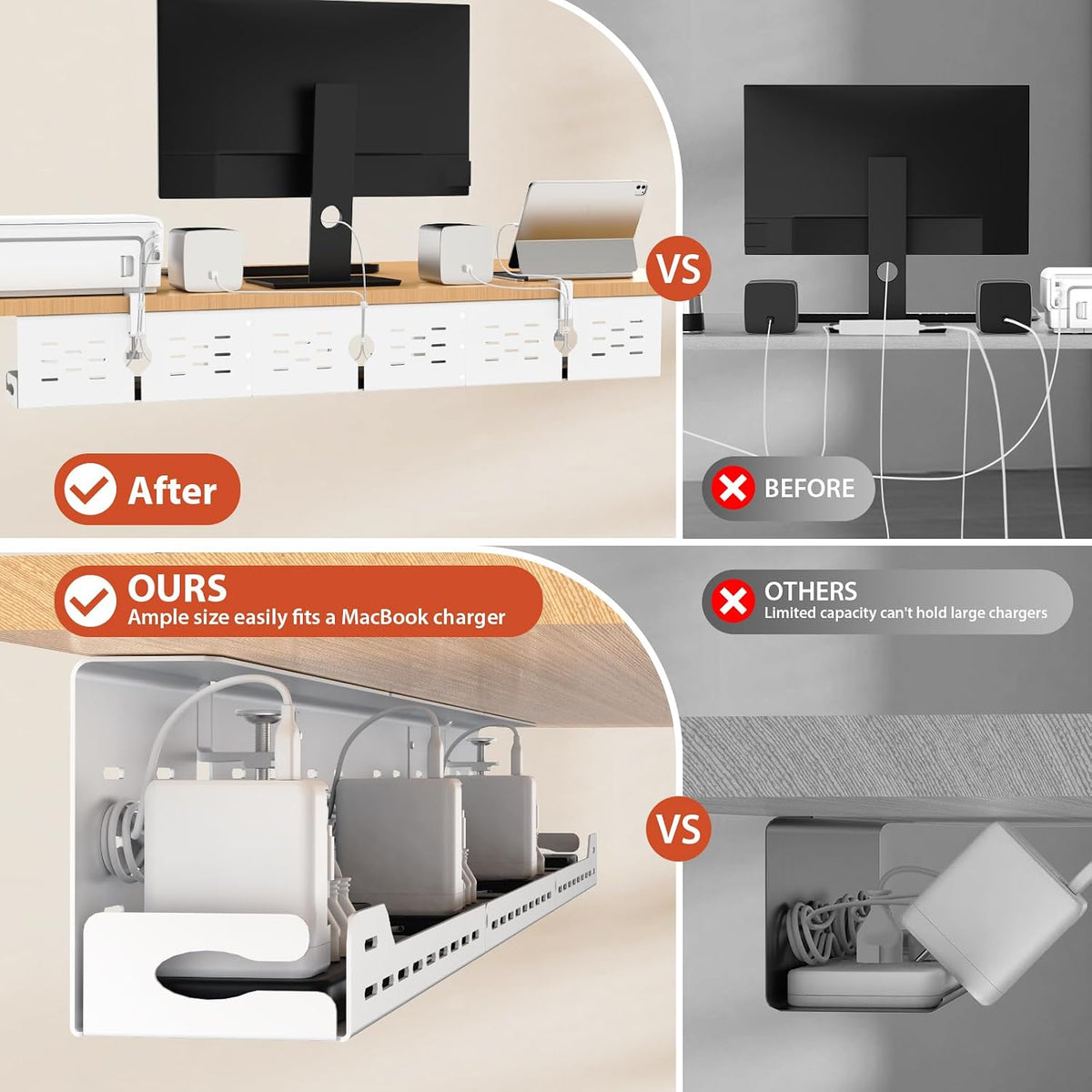 Univivi Under Desk Cable Management Tray, Cable Management, 48 inch, White