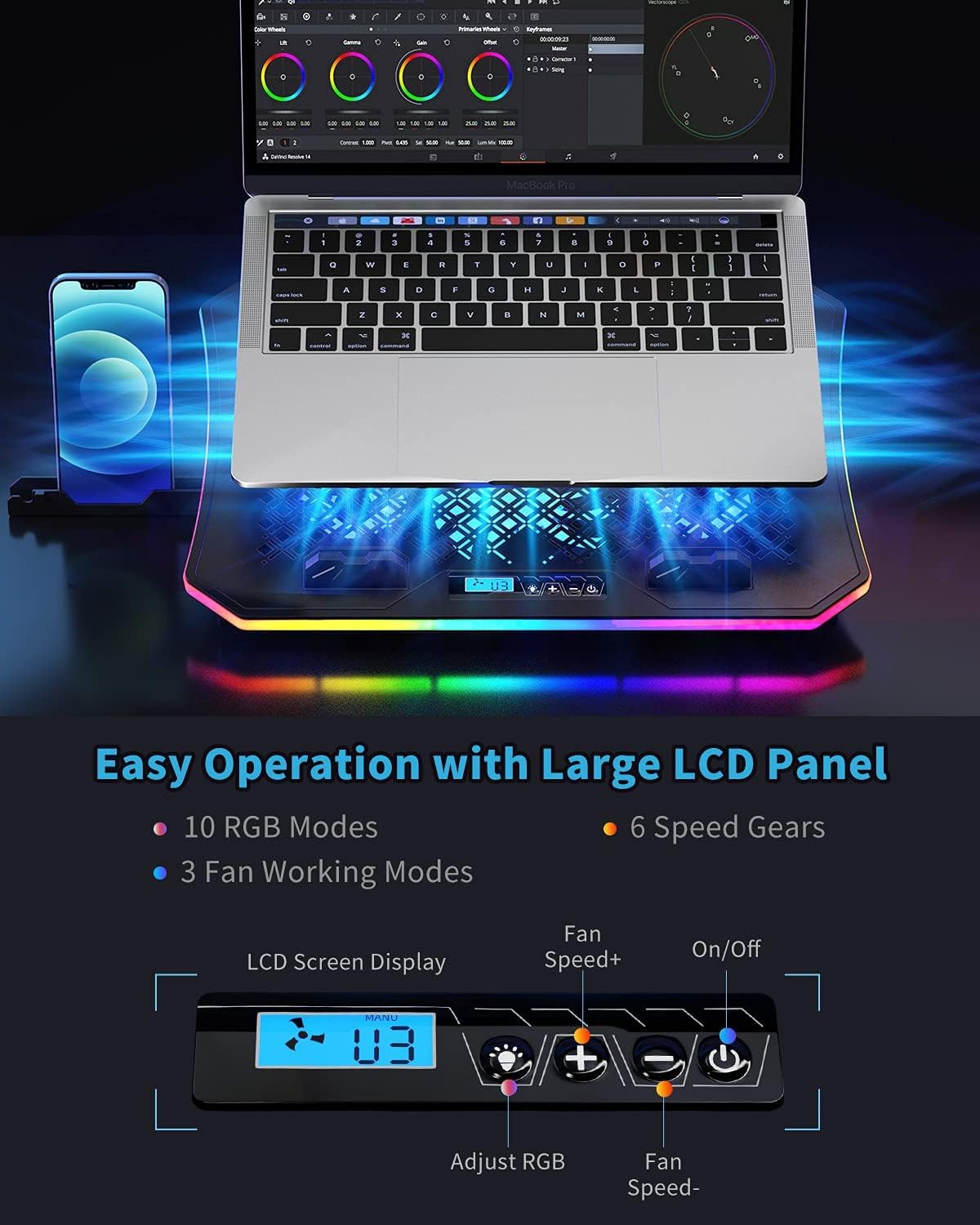 KeiBn Upgarde Laptop Cooling Pad, RGB Lights Laptop Cooler 6 Fans for 15.6-17...