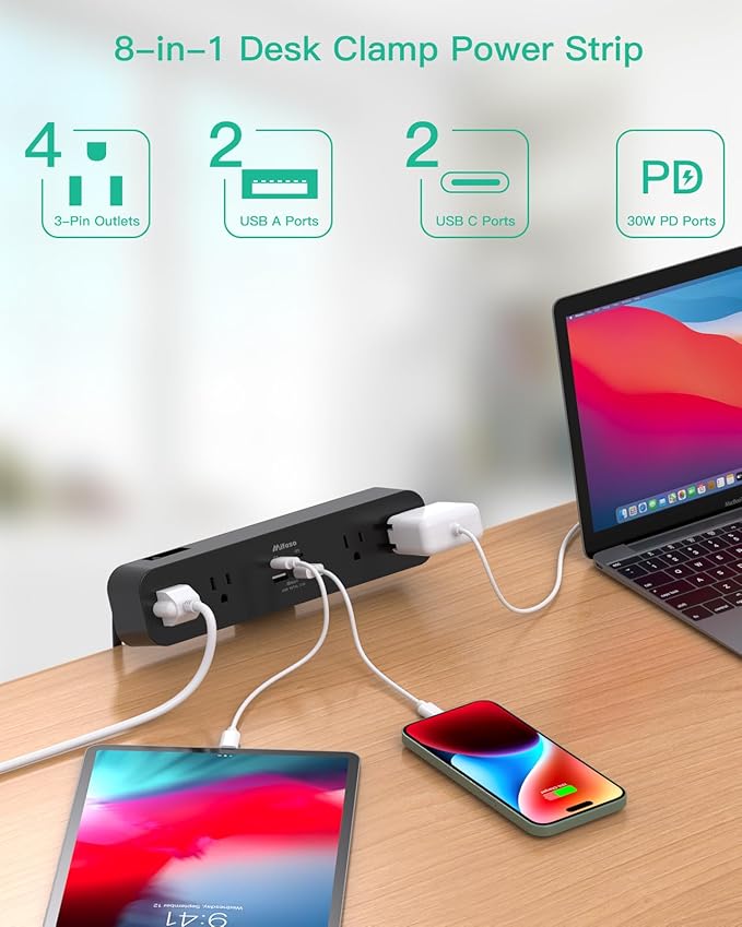 PD30W Desk Clamp Power Strip, Desktop Mount Surge Protector, Fast Charging - Image 3