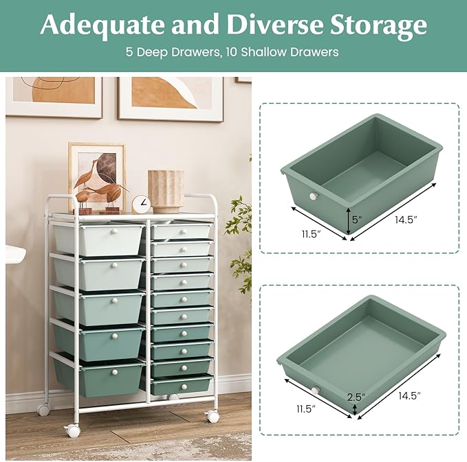 COSTWAY 15-Drawer Rolling Storage Cart, Mobile Utility Cart - Image 4