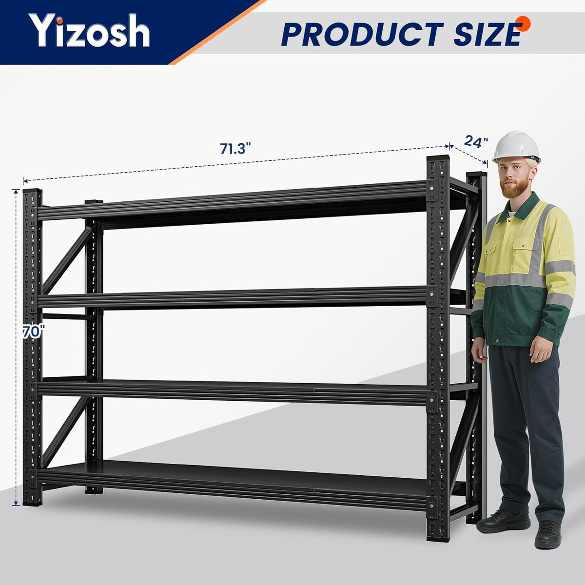 yizosh 71" w garage shelving,5000lbs heavy duty shelf,adjustable shown in use