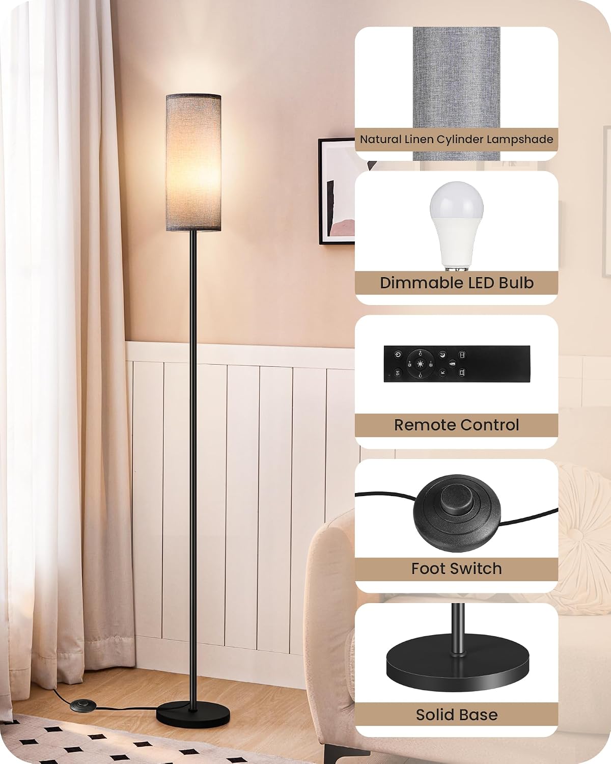Dimmable Gray Floor Lamp for Living Room with Remote and Foot Switch, Corner ...