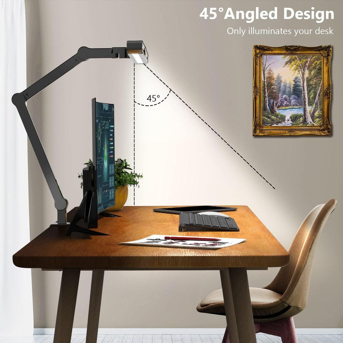 micomlan led desk lamp with clamp, architect desk showing dimensions