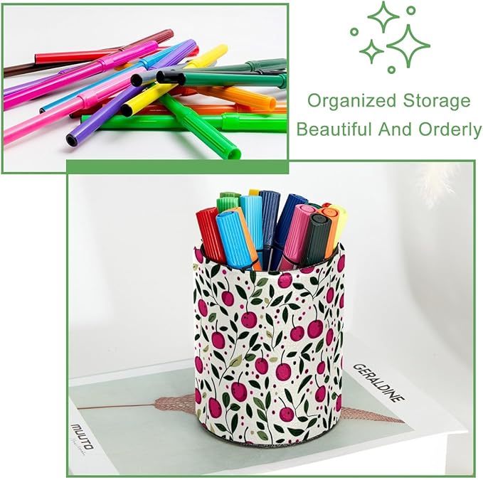 Leather Pen Holder for Desk, Cherry Pattern Pencil Cup Desktop Organizer Makeup - Image 3