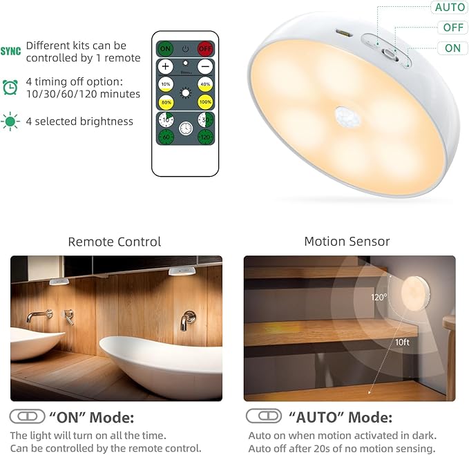 Warm Color LED Closet Lights Motion Sensor Puck Light, USB Rechargeable Battery - Image 4
