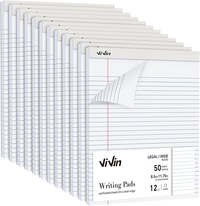 ViVin Legal Pads 8.5 x 11 Inch, Wide Ruled Note Pads, 12 Pack, 50 Sheet/Pad by ViVin