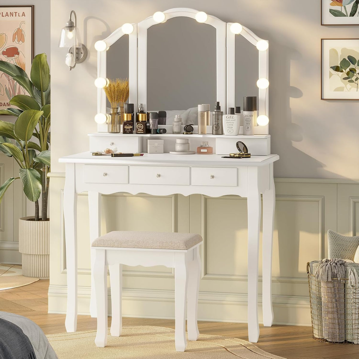 Tiptiper Makeup Vanity with Lighted Mirror and Stool, White