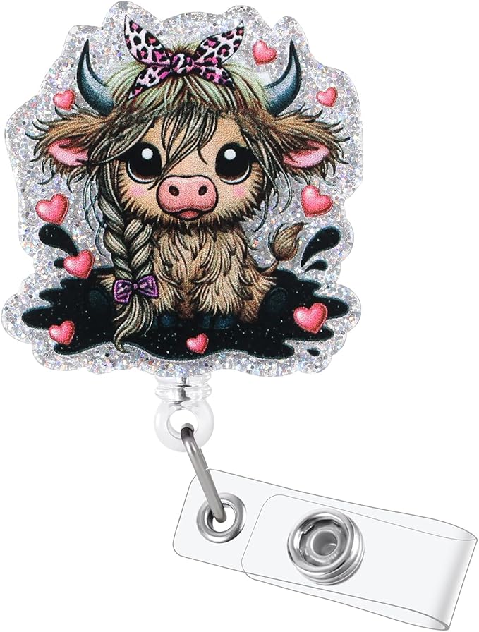 Funny Bow Highland Cow Nurse Badge Reel, Cute Retractable ID Card Pediatric by LINAYOHA