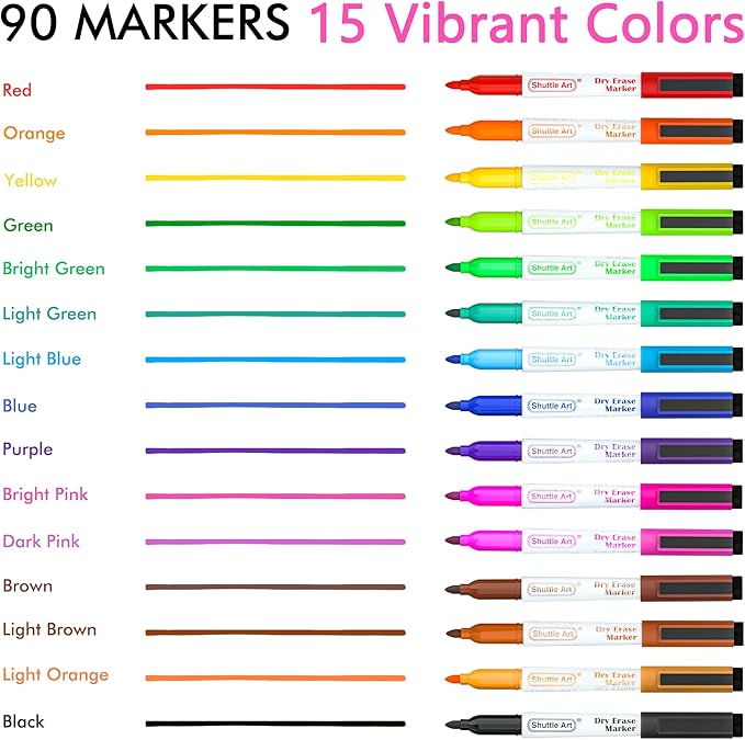 Shuttle Art Dry Erase Markers, 90 Bulk Pack 15 Colors Magnetic Whiteboard - Image 2