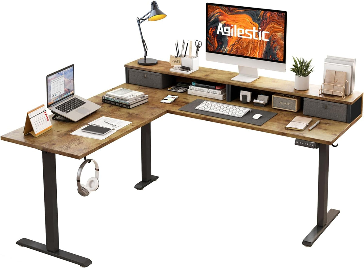 Agilestic 63 Inch L Shaped Electric Standing Desk with Drawer, Rustic Brown