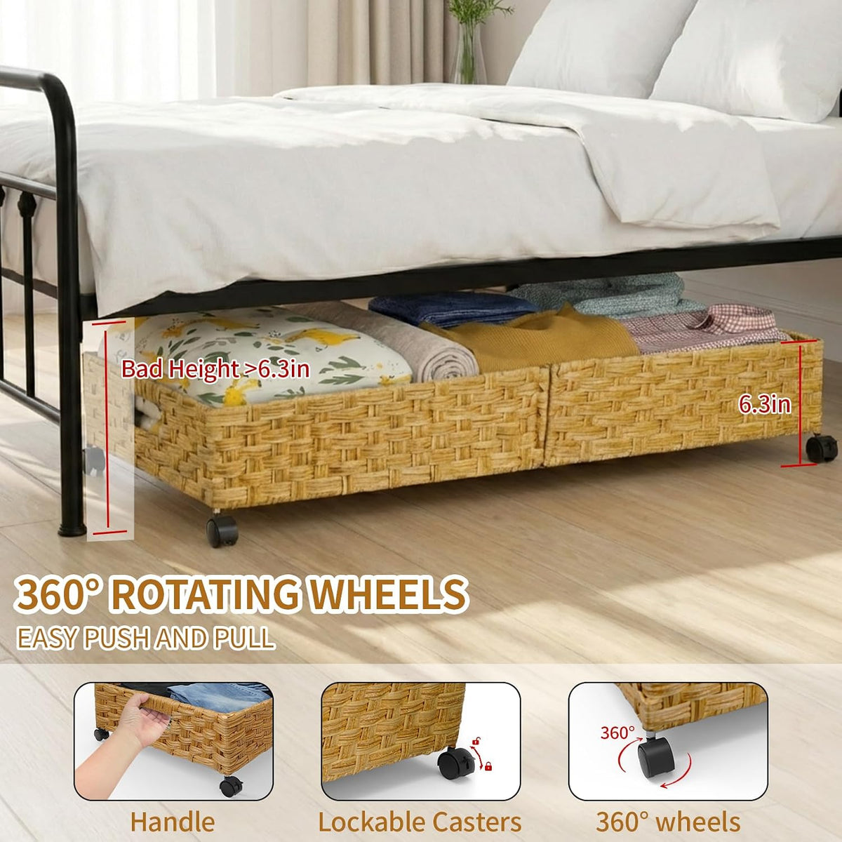 Under Bed Storage Containers with Wheels, 31.5” Large Handwoven Rattan Rollin...
