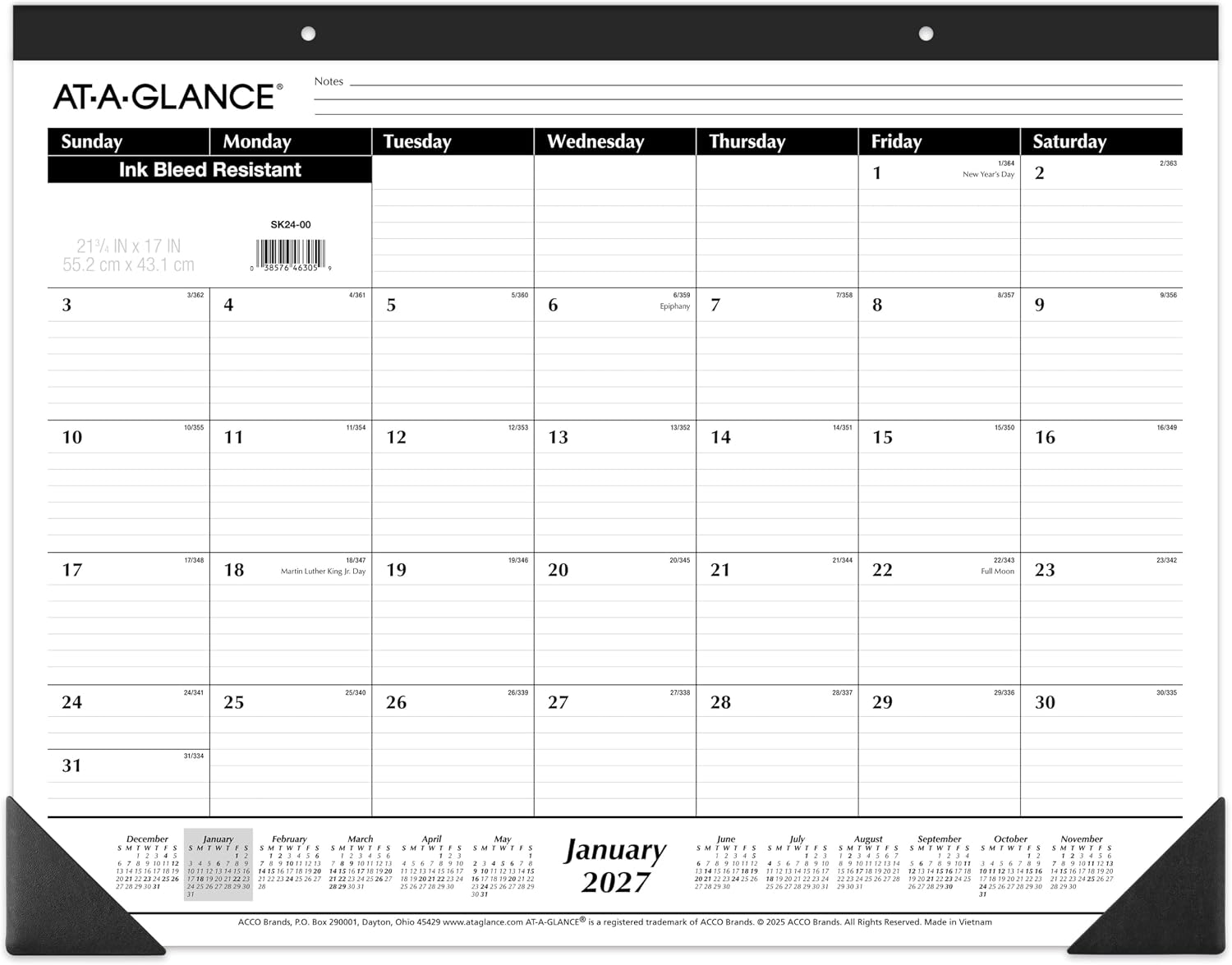 AT-A-GLANCE 2027 Desk Pad Calendar, Monthly Desk Wall Planner, 21.75" x 17", Ruled Blocks (SK240027), White