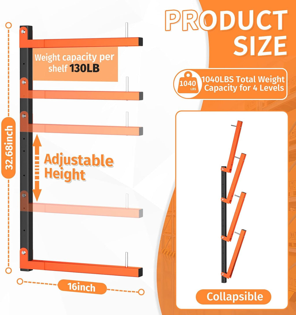 lumber storage rack, wall mount foldable & adjustable shown in use