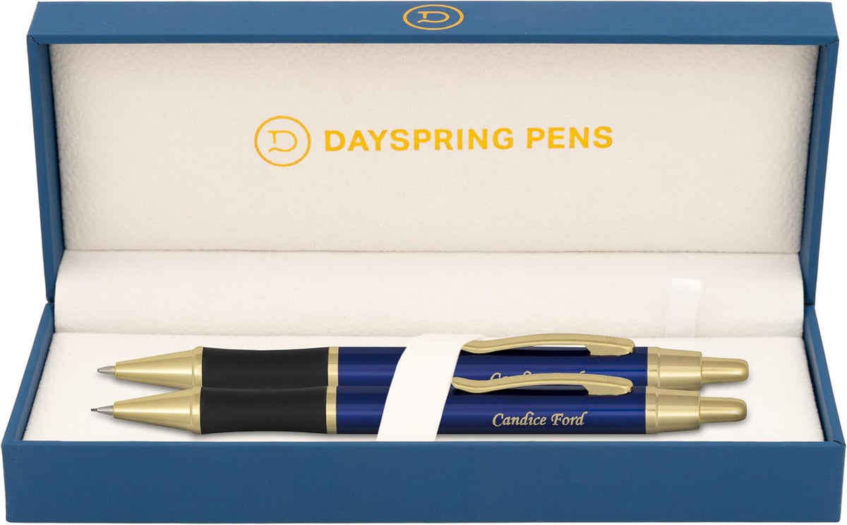 Dayspring Pens Monroe Personalized Ballpoint and Pencil in Blue, Gold Trim