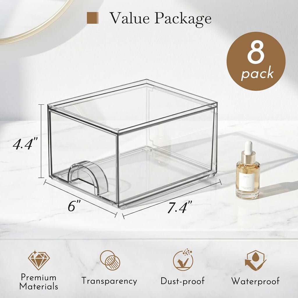 small clear stackable acrylic storage boxes & drawers shown in use