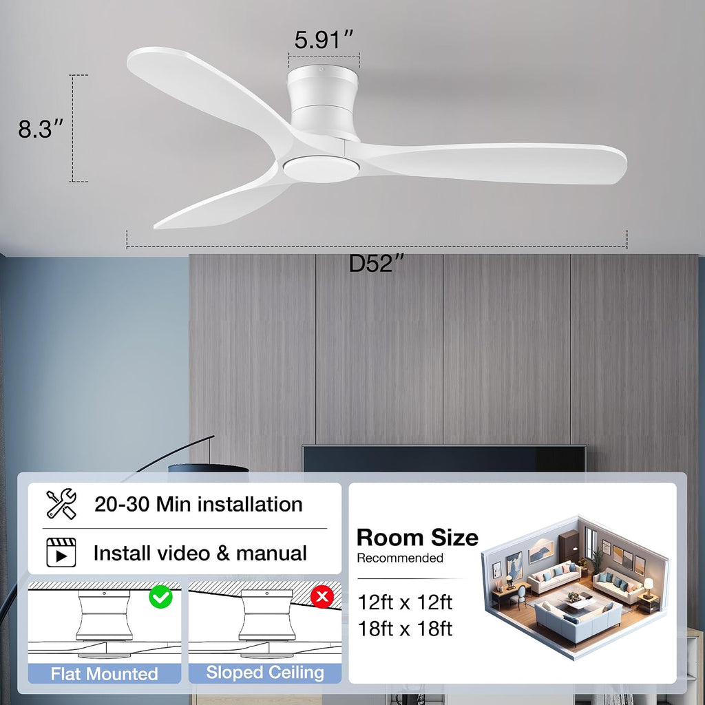 52” smart low profile ceiling fans with light on a desk or shelf
