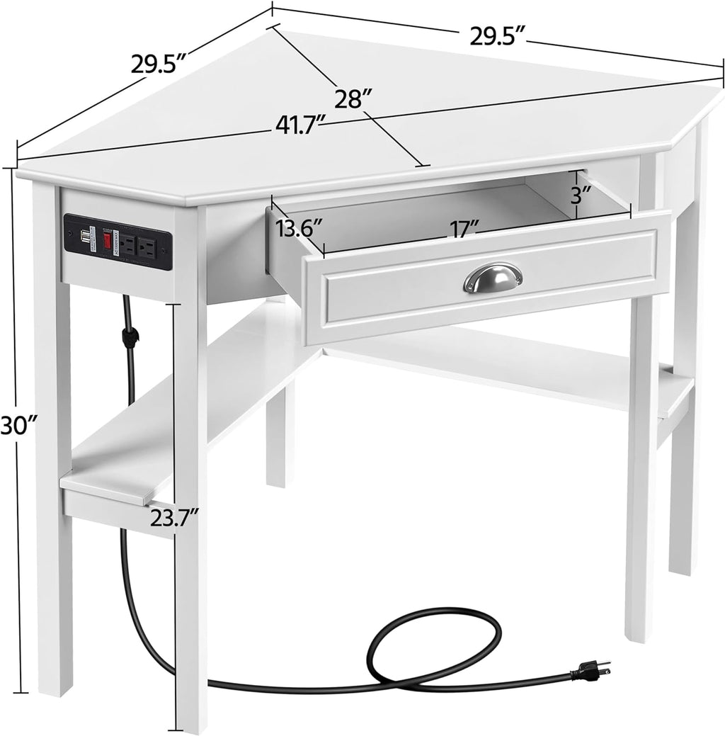 Yaheetech L-Shaped Corner White Desk and White Chair | USB ports, storage drawer and shelf, space-saving corner fit, modern style, sturdy frame, for home office or gaming.