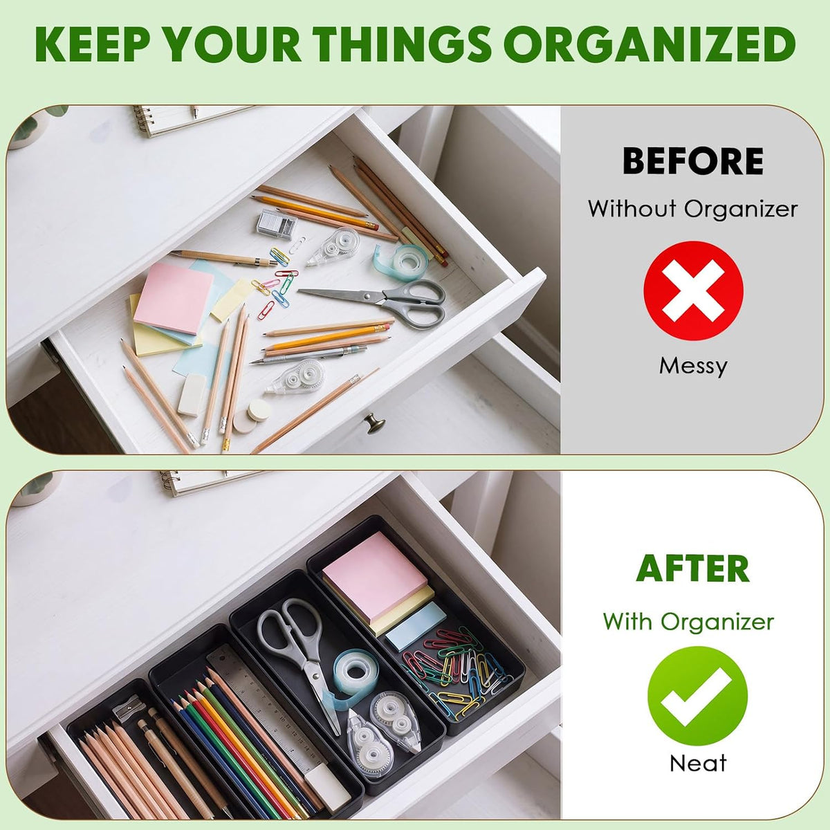 Teling 12 Pcs Black Plastic Desk Drawer Organizer Pen Tray Shallow