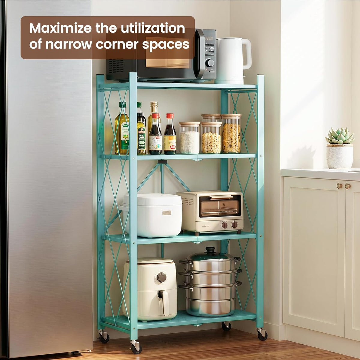 ALANNG 4 Tier Folding Shelf with Wheels, No Assembly Metal Storage Rack