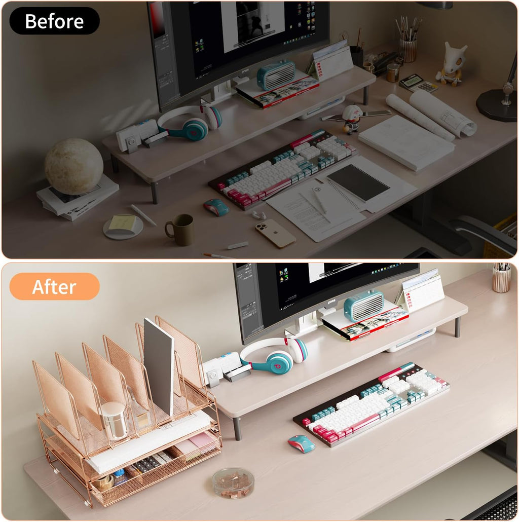leketree rose gold desk organizer, office organization with, side view