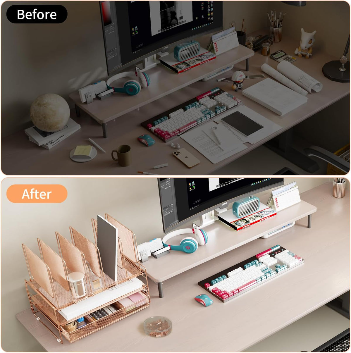 leketree rose gold desk organizer, office organization with, side view
