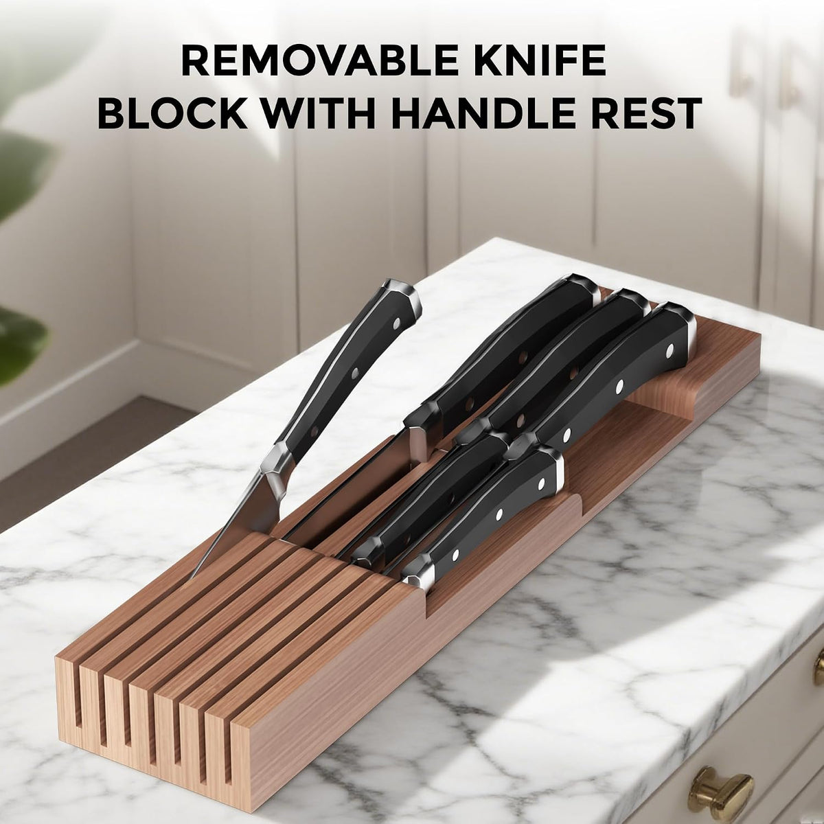 TIOPGHAD Expandable Bamboo Silverware Organizer with Knife Block, Brown